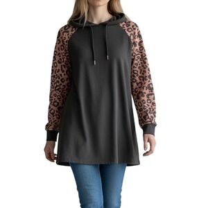 Emery Rose Womens Leopard‎ Print Raglan Hoodie Black Brown Animal Print Large